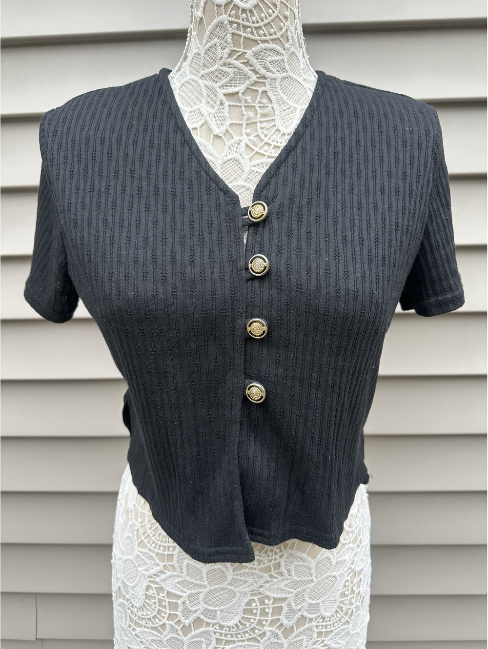 Caroline Wells Collection Petites Black Cropped Button Up Top with Gold Buttons